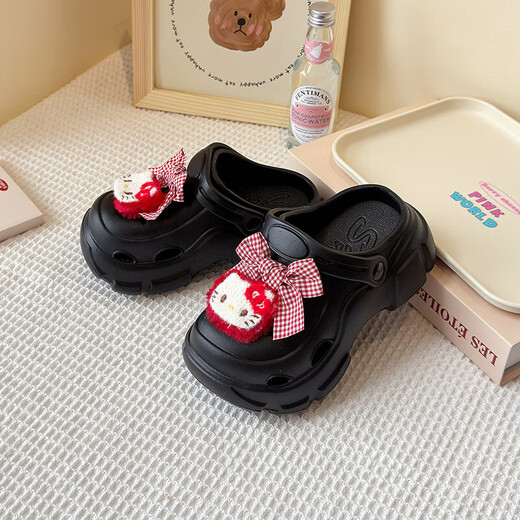 Girls' Croc Shoes Anti-slip Soft Sole Cute Cartoon Baotou Sandals Girls Indoor and Outdoor Hello Kitty Children's Sandals Black J606-22 Size 34-35 Inner Length 21cm