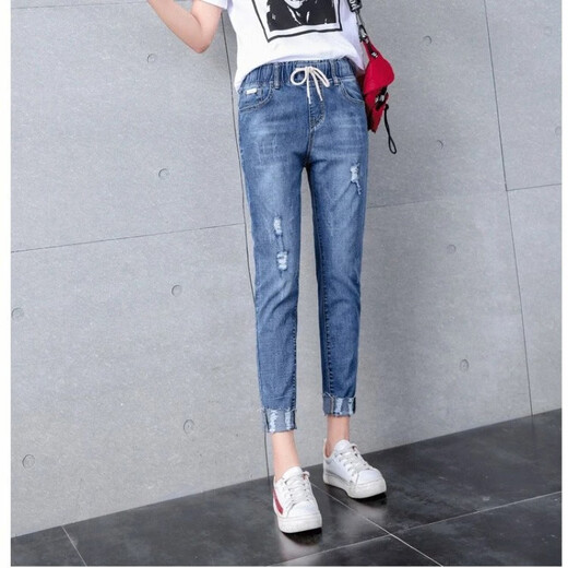 Clover zerrissen Jeans für die Kumpelhose für Frauen 2025 Frühlings- und Sommer -neue koreanische Stil -Elastik -Taille Harem Hose Slim Small Feet Hosen für Frauen 9901 Hellblau 29 Größen [110 bis 120 in der Nähe]