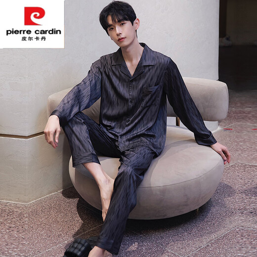 皮尔卡丹男款春秋冰丝绸长袖衬衫睡衣套装2025新款高级家居服透气亲肤套装 6621菱格男款 L (100-125斤)