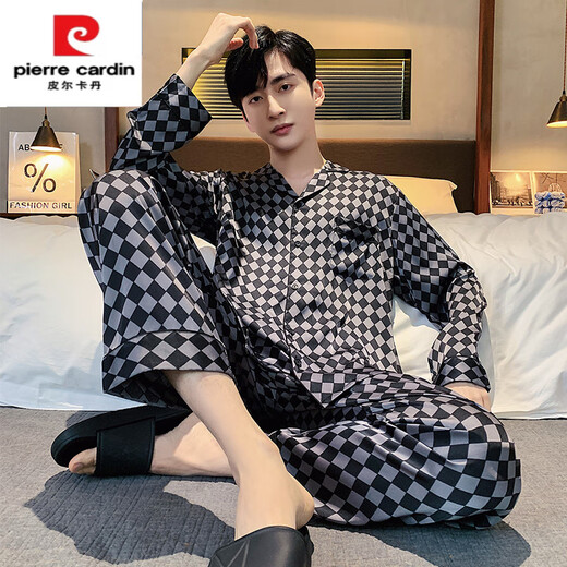 Pier Cardin men's spring and autumn ice silk long-sleeved shirt pajamas set 2025 new high-end home clothing breathable skin-friendly suit 6628 men's L (100-125Jin[Jin equals 0.5 kg])