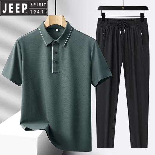 Jeep (JEEP) men's ice silk sports suit summer new lapel t-shirt polo shirt casual short-sleeved middle-aged and elderly dad summer suit 6630-89 Ulan + black straight pants two-piece set M