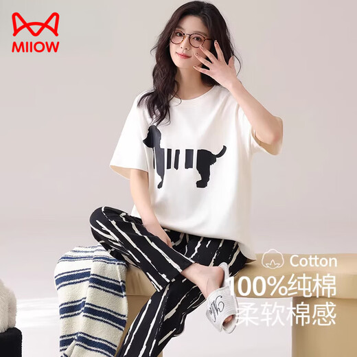 猫人（MiiOW）睡衣女夏季纯棉短袖长裤薄款夏天套头休闲夏款家居服套装 A-833女 M