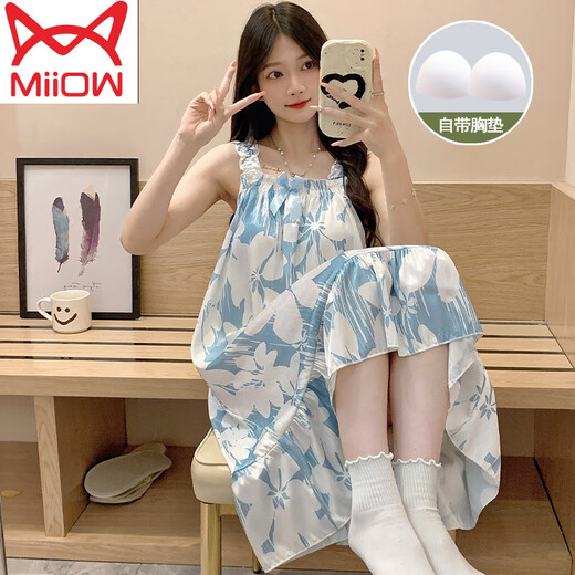 MiiOW chemise de nuit pour femmes en été avec coussinet de poitrine intégré, pyjama à bretelles cool en soie glacée, vêtements de maison doux et mignons pour dames d'été, printemps et automne 3887 coussinet de poitrine non amovible M 75-100Jin Jin est égal à 0,5 kg