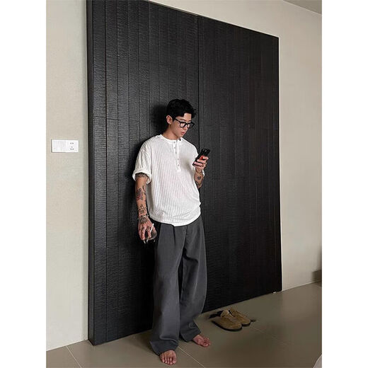 Old money style ice silk henley collar short-sleeved men's summer American retro polo shirt-like knitted T-shirt half-sleeved white upgraded model S S recommended 85-105Jin Jin equals 0.5 kg