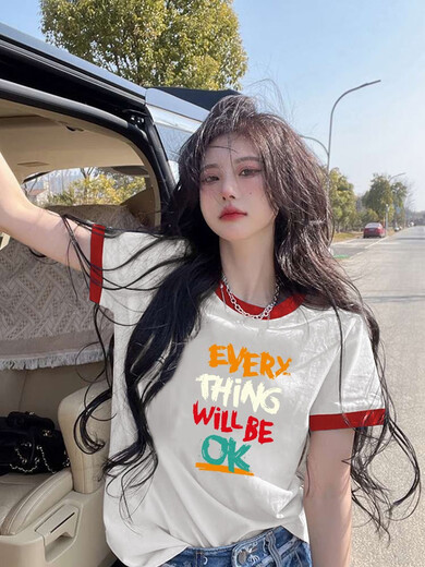 GTYUWVG2025 Nouveau modèle de t-shirt à manches courtes pour femmes pour les femmes devant les épaules Coton Pure Produits européens Lâche et à la mode Princement Top Summer INS TRENDY 6197 Collier rouge noir Imprimerie rose S