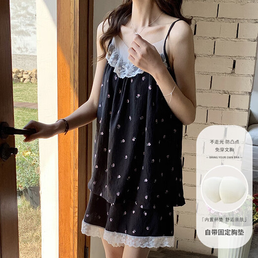 带胸垫睡衣女云朵棉夏季新款甜美花边性感吊带短裤2025年两件套 834#小花朵 L