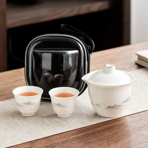 Gold inlaid jade travel tea set, outdoor portable travel packaging, drinking tea, making tea, kung fu tea set, one pot, two cups, Yunshan