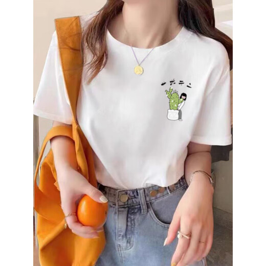 以纯A21小众短袖T恤女2023年新款日系感白色上衣服宽松女装港味chic 1278【仙人掌】白色 M