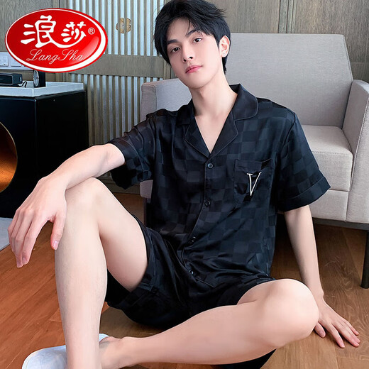 浪莎（LangSha）2025新款男士睡衣短袖短裤夏季式夏天仿真丝男生家居服套装可外穿 (BBA)冰丝G723 L
