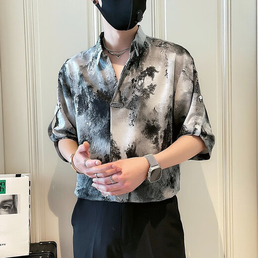 新中式国风衬衫男短袖休闲痞帅水墨扎染衬衣夏季薄款男士国潮上衣 FC-A683 卡其色 XL