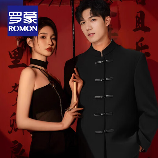 ROMON New Chinese style stand collar tunic suit suit for men engagement wedding groom Chinese style buckle Tang suit suit jacket black jacket + pants L (recommended 142-155 Jin Jin equals 0.5 kg)