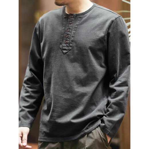 JEEP SPIRIT high-end pure cotton retro long-sleeved t-shirt for men spring and autumn loose 2025 new tough guy Henry collar bottoming shirt top 2315 Mocha Brown L suitable for 140-160 Jin Jin equals 0.5 kg