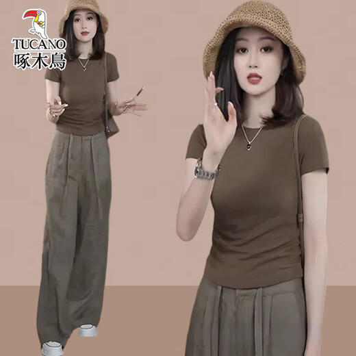 Specht-Sommer-Outfit mit einem kompletten Satz kleiner Menschen-Outfit-Sommerzüge Frauenkleidung 2025 Neues lässiges und modisches zweiteiliges Set, Brown Hosen L (Empfohlen 100 Jin [Jin ist gleich 0,5 kg] -115 Jin [Jin gleich 0,5 kg]))