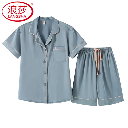 浪莎（LangSha）轻奢短袖短裤睡衣女式冰感新款夏天色真丝绸套装薄款休闲家居服 3899茶色 M (体重85到99)
