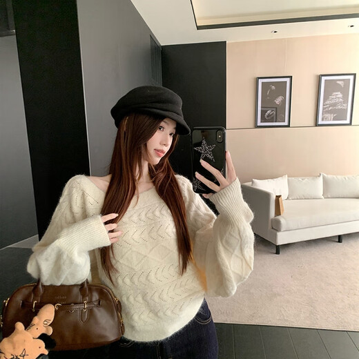 Su Yuwei French high-end white one-shoulder off-shoulder sweater for women in autumn and winter lazy style bat-sleeve sweater inner top, milky white Follow the store - free shipping insurance S (80-95Jin Jin is equal to 0.5kg)
