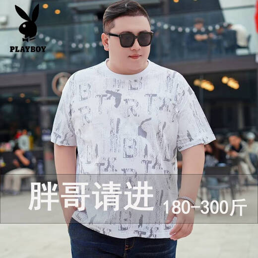 花花公子（PLAYBOY）T恤亲肤丝滑【店铺】加肥加大码胖子棉T恤夏装男士短袖圆领印 9922 黑色 7XL 205(260-280斤)