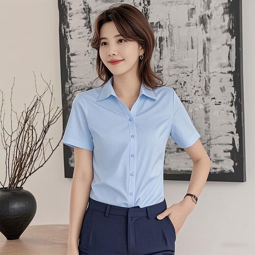 
Short-sleeved white shirt for women's formal wear in summer new commuter slim work clothes for professional women's clothing OL shirt slim workwear 6213 [High-quality short-sleeved] Pure blue V-neck 4XL (recommended 140-150Jin [Jin equals 0.5 kg])
