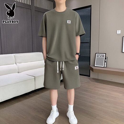 
Playboy Men's Casual Suit Summer Loose Breathable Short Sleeve T-Shirt Korean Style Fashion Trendy Men's Sports Set [Set] Khaki L [Suggested 120-140Jin [Jin equals 0.5 kg]]