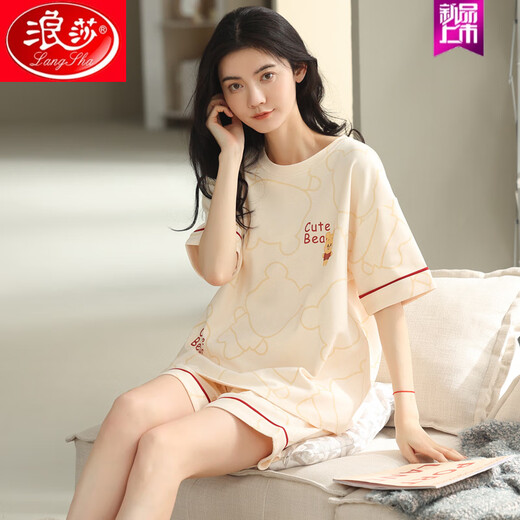 Langsha 2025 Nouveau pyjamas en coton pur pour les femmes en été, des rayures à manches courtes peuvent être portées à l'extérieur. 9855 (ensemble) M recommandé 80-100jin [Jin est égal à 0,5 kg]