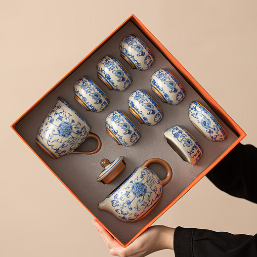 Xi Yuanji blue and white Ru Kiln tea set, complete set of high-end household teapots, cups and trays, retirement gifts, holiday souvenirs, beige and yellow Ru Kiln 9-head Xishi teapot gift box, practical birthday, wedding, housewarming and moving gift