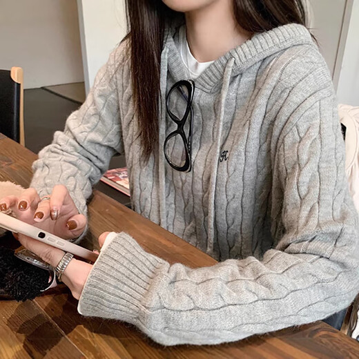 Feiyao hooded sweater for women 2025 autumn and winter new twist pullover sweater gray loose lazy style top gray one size
