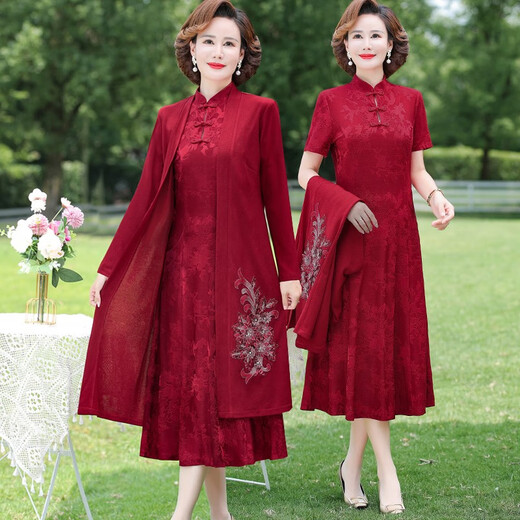 酷章（KUZHANG）喜婆婆婚宴套装妈妈春夏秋连衣裙高贵旗袍裙子新款结婚礼服两件套 9272枣红 两件套连衣裙 M 80-95斤
