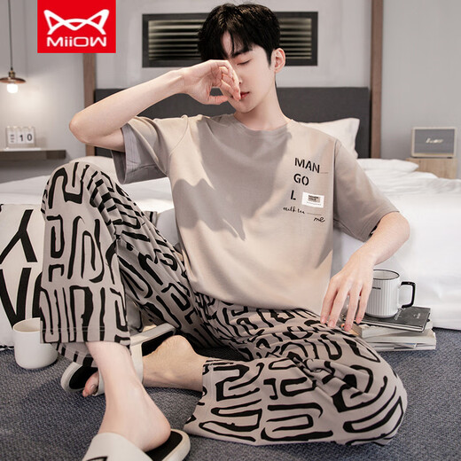 Catman Miiow Pure Cotton Pyjamas Herren Sommer kurzärmelige Hosen Jährlich-auf-Sommer-Dünne Baumwolle Largesize Casusize-Home-Kleidungsstückset YS9201 L Geeignet für -120jin [Jin gleich 0,5 kg] Verschleiß