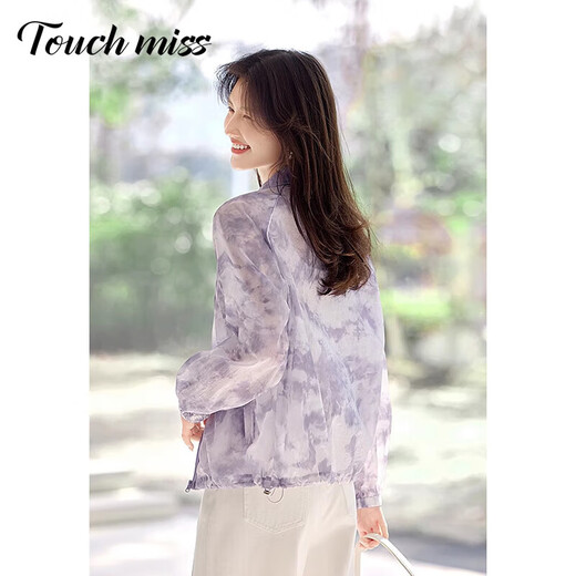 
Tachimis TOUCH MISS elegant loose jacket for women in summer comfortable and breathable light spring style outfit smudge printed stand collar thin top smudge gray purple M 100-115