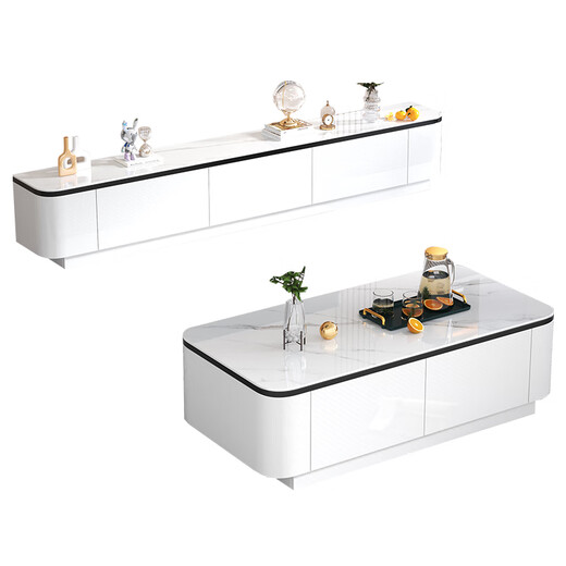 Zhimusen fully packed and shipped solid wood TV cabinet living room home storage cabinet slate floor coffee table TV cabinet combination Snow mountain white + gray cabinet four-drawer coffee table 120*60 floor-standing black edge style