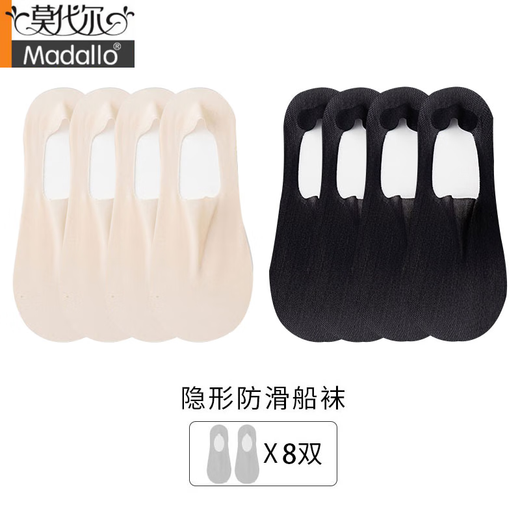 莫代尔夏季冰丝薄款棉底隐形袜女硅胶防滑不掉跟超薄网眼透气舒适船袜子 肤色+黑色 8双