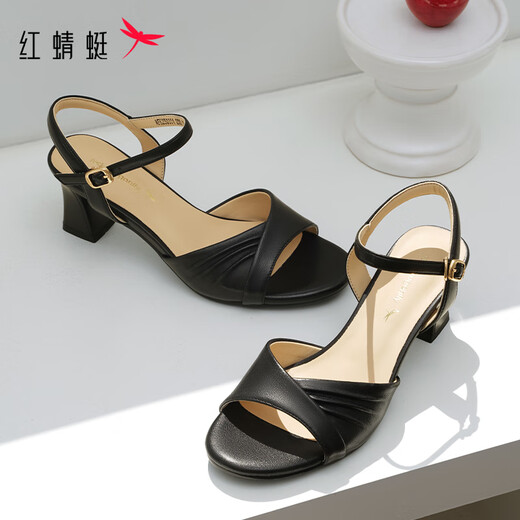 红蜻蜓闰月鞋羊皮高跟鞋25夏季粗跟女鞋鱼嘴鞋通勤凉鞋WFK25030 黑色 39