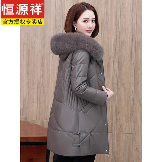 Hengyuanxiang genuine leather down jacket for women sheepskin 2025 new winter hooded mid-length genuine fox fur Haining leather jacket purple gray fashionable and versatile 2XL recommended 130-145Jin Jin equals 0.5 kg
