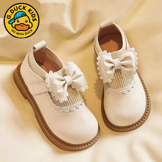 G.duck小黄鸭女童公主鞋皮鞋春秋款软底儿童小皮鞋女春季英伦风防滑单鞋 米白色 【现货秒发】 28 内长：17.2cm
