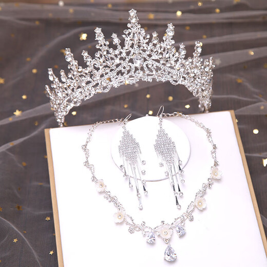
ShiJUN Adult Gift Crown Three-Piece Set Bridal Headdress Wedding Dress 2025 New Wedding Accessories Wedding Necklace Wedding Birthday King Golden Crown + Earrings Hook (Gift Box Package)