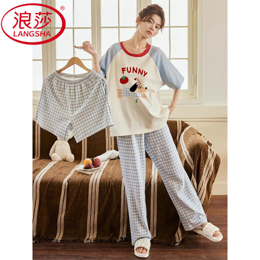 浪莎（LangSha）睡衣女夏季带胸垫短袖长裤新款可爱卡通少女学生大码家居服三件套 Y-833 M