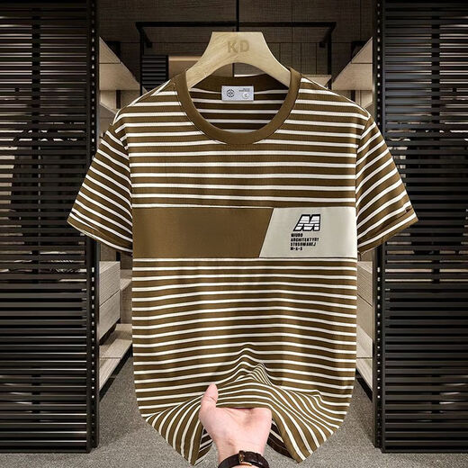 
Commander Bear 2025 short-sleeved T-shirt trendy striped men's versatile top Khaki breathable sweat-absorbing cotton 9898 M