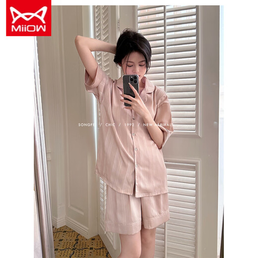 猫人 MIIOW睡衣女夏天冰丝绸凉感短袖短裤套装甜美条纹夏季春秋款女士家居服 #YX-3937 L 【99-115】斤