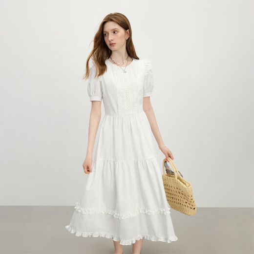 范思蓝恩法式镂空蕾丝白色蛋糕裙女2025夏新款木耳边公主裙2752 白色 S