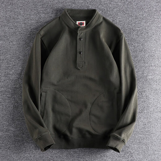 Kuraishi Kazuki Kuraishi Kazuki trendy brand Japanese retro Henley collar sweatshirt men's autumn and winter loose cotton Henley long-sleeved T-shirt Army Green 2XL 145-160Jin Jin equals 0.5 kg
