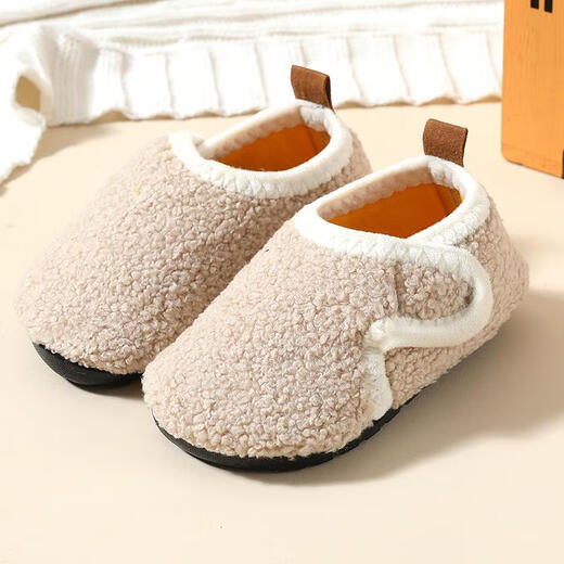 Children's floor socks anti-slip spring thickened plus velvet baby shoe covers boys and girls indoor insulation cotton slippers beige curly plush 26-27 size 15cm inner length