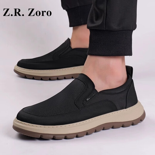 Z.R.Zoro轻奢品牌男鞋2025夏季新款透气一脚蹬布鞋男休闲百搭跑步帆布鞋男 黑色 40