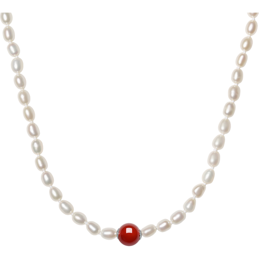 Saturday blessing silver buckle pearl necklace mother birthday gift red agate X0511903 long rice beads strong light about 5mm 45cm
