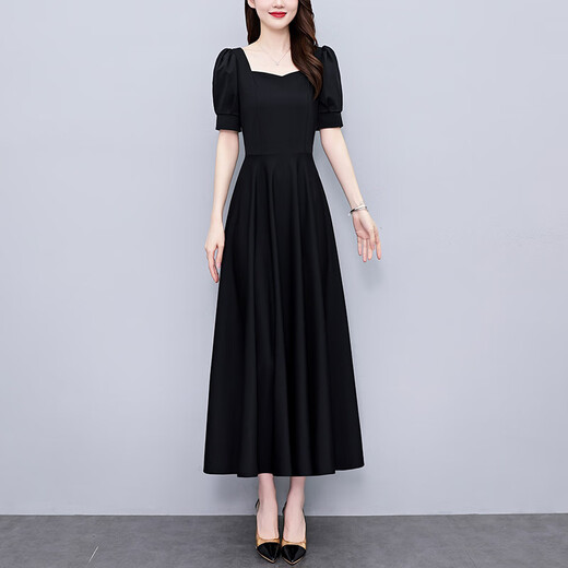 Pier Cardin Black Simple Nouvelle robe pour femmes 2025 Été Nouveau tempérament mère grande taille de taille en milieu de taille jupe tendance 7170 court M