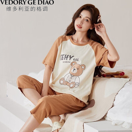 维多利亚的格调夏款睡衣短袖女士棉质七分裤夏季胖mm大码宽松薄款家居服中裤套装 1105 M 80-95斤