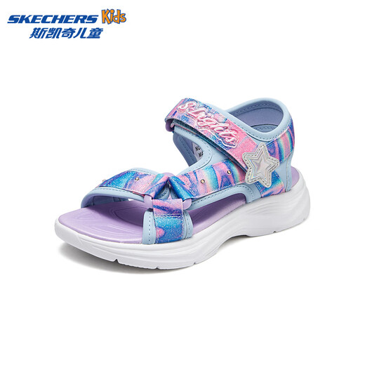 Skechers new summer girls' Velcro sandals, fashionable flashing light, casual, lightweight, versatile and comfortable shoes, beach shoes, light blue/multi-color/LBMT 33.5