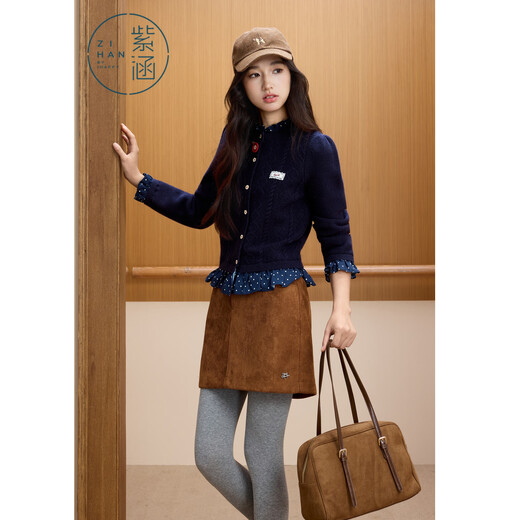 Zihan (ZIHAN) Zihan fake two-piece round neck twist knitted cardigan for women 2025 winter new style polka dot stitching inner sweater jacket, navy M