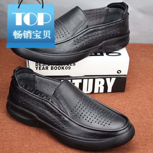 Belle Trail Serie atmungsaktives Stanzen und Loch Sandalen Herren hohl Lederschuhe Herren Soft Soft Dad's Schuhe Echtes Leder Geschäftsluhe Schwarz 6198 Hollow 37 Dieses Modell ist eine Größe größer