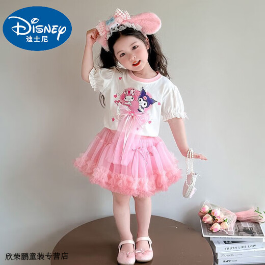 Disney Baby Kinderanzug kleines Mädchen Sommer Melodie Kurzärärmelte Tutu-Rock Mode 2025 Neuer Prinzessinrock Zweiköpfige Pink-Zweiteil-Set [kurzärmelig + Rock] ohne Tasche 140 Empfohlen 130-140 cm 5-6 Jahre alt