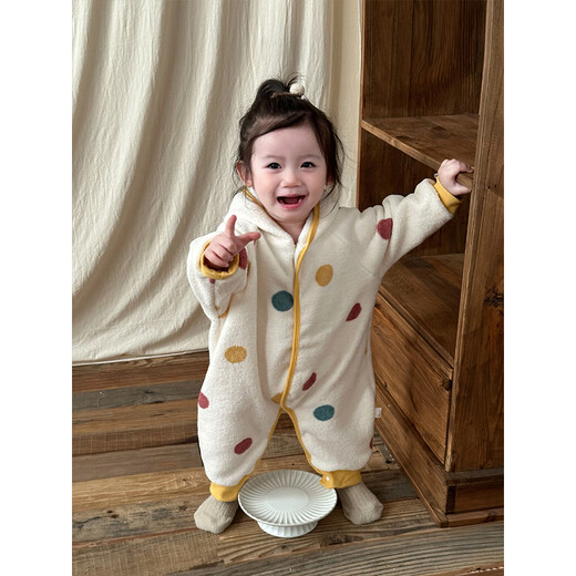 心楠婴儿春秋季连体衣女宝宝超萌毛绒加厚连帽爬服保暖家居服睡衣秋季 彩色波点连帽连体衣【加绒】 90cm