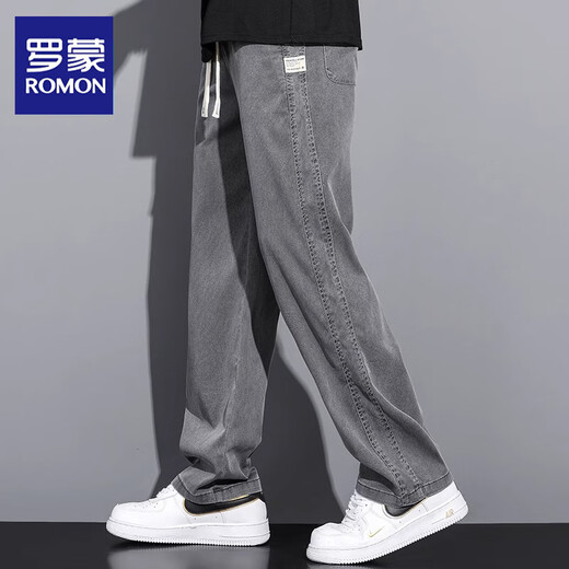 Romon Lessel Tenis Pantalones casuales para hombres sueltos rectos 2025 Nuevo verano delgados jeans de seda de hielo de pierna ancha para hombres 1048 gris [estilo de seda de seda de hielo] XL [sugerido 135-155]